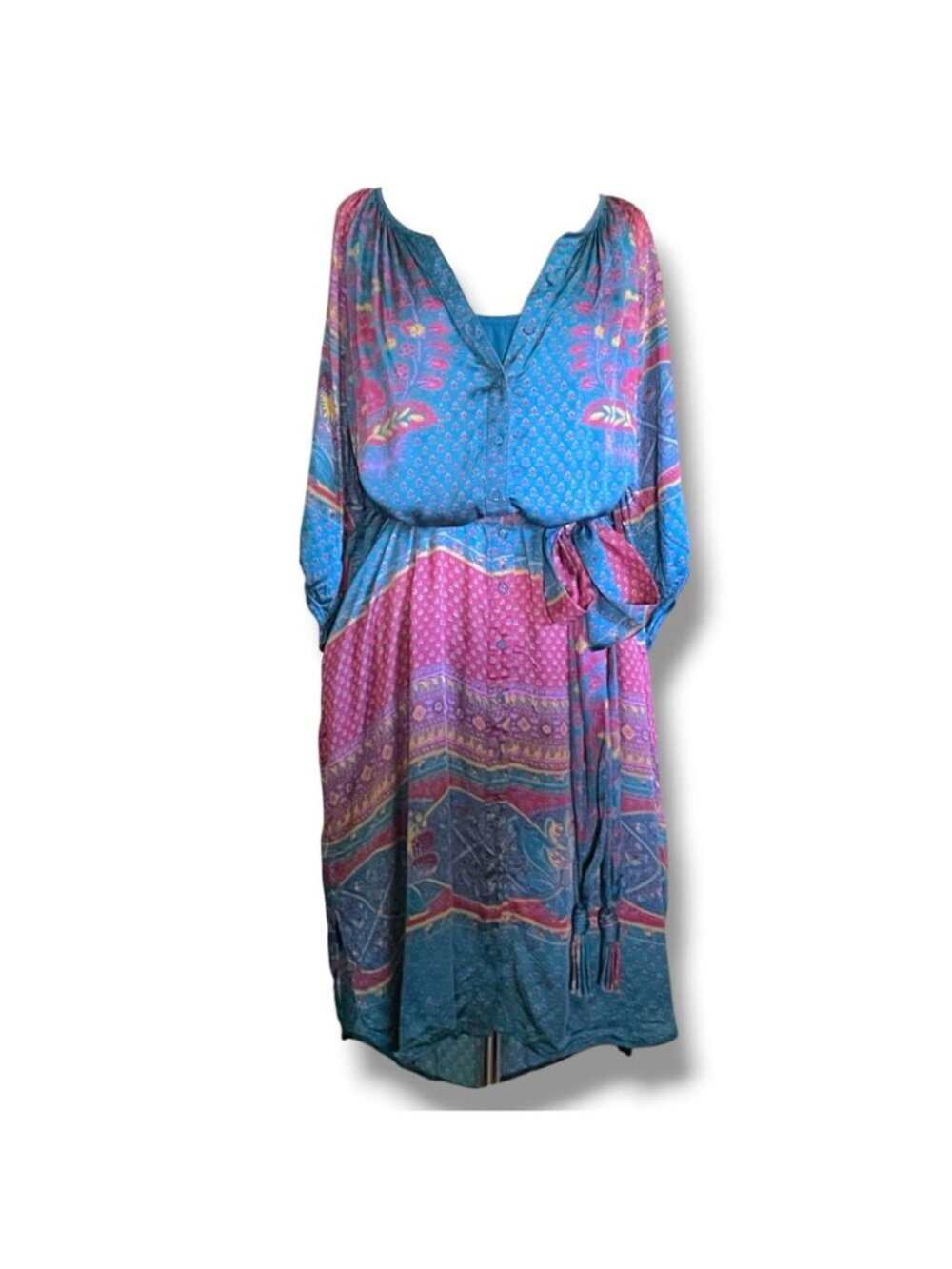 Sundance Womens La Villette Midi Dress Sz XL Boho Belted Floral Paisley Satin - Picture 3 of 14